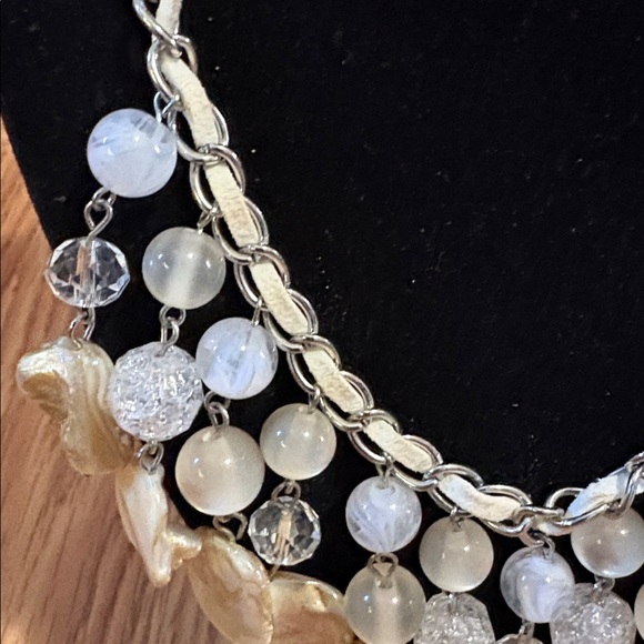 VINTAGE IRIDESCENT MOTHER OF PEARL SHELL AND BEADED BIB CORDED 17-20" NECKLACE - Picture 2 of 9